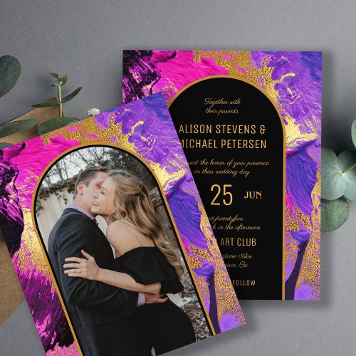 Budget abstract pink gold PHOTO wedding Invitation