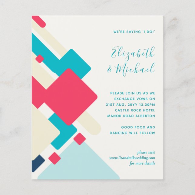 Budget Abstract Turquoise Coral Red Wedding Invite (Front)