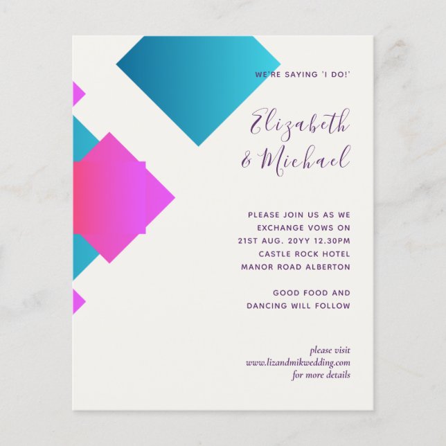Budget Abstract Turquoise Pink Wedding Invites (Front)