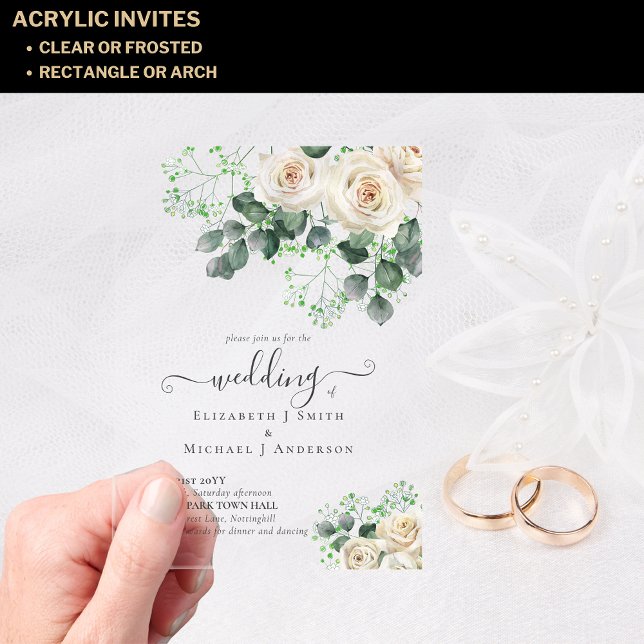 BUDGET Acrylic Clear Wedding White Roses Greenery Acrylic Invitations (Creator Uploaded)
