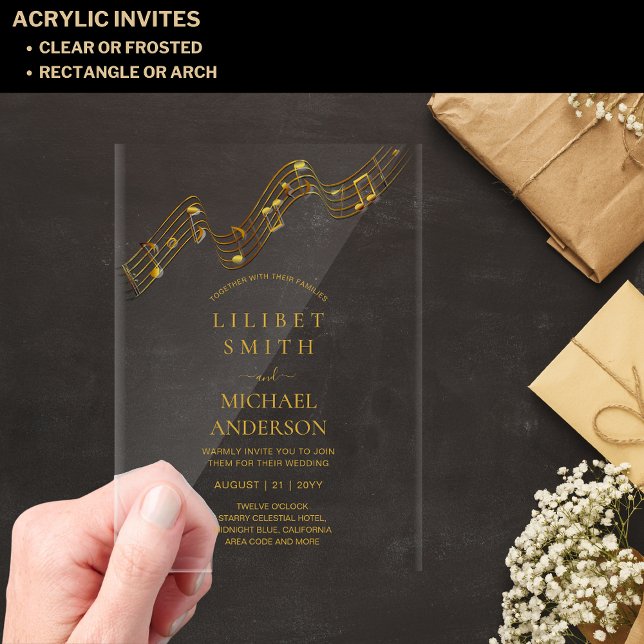 BUDGET Acrylic Wedding MUSIC NOTES Gold Text Invitations (Creator Uploaded)