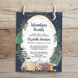 Budget Adventure Night Sky Baby Shower Invitation<br><div class="desc">Budget-friendly rustic baby shower invitation featuring a cute illustration of woodland animals with their tent camping in the mountains and forest,  an overlay of gold stars and moon in a nighttime sky and "Adventure Awaits" and the mother-to-be's name in a dark midnight blue script. Easily personalize the shower details.</div>