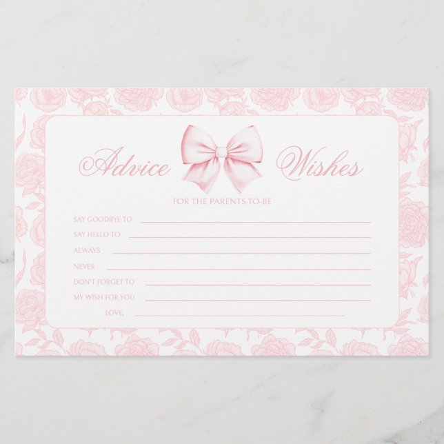 Budget Advice & Wishes Pink Bow Baby Shower Games Stationery (Front)