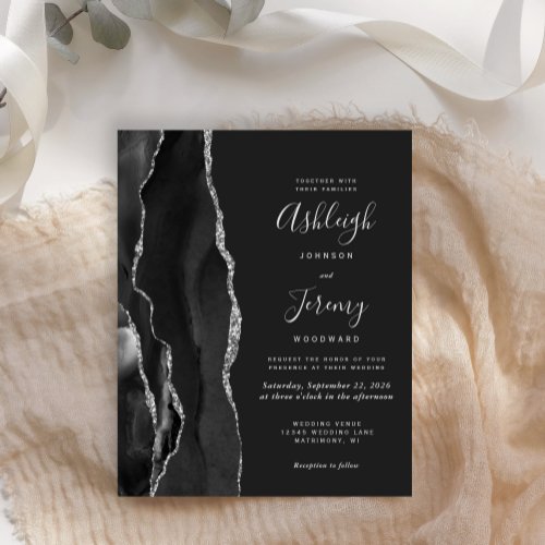 Budget Agate Black Silver Dark Wedding Invitation