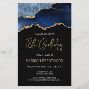 Budget Agate Blue Gold 18th Birthday Invite