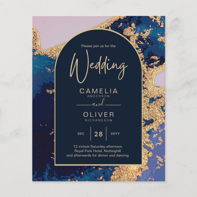 Budget Agate Blue Gold Wedding Invite QR Code RSVP (Front)