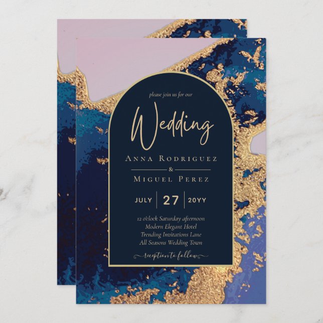 Budget Agate Blue Gold Wedding Invite QR Code RSVP (Front/Back)