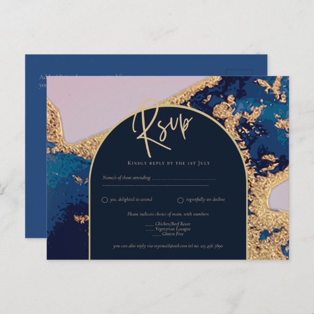 Budget Agate Blue Gold Wedding Invite QR Code RSVP (Front/Back)