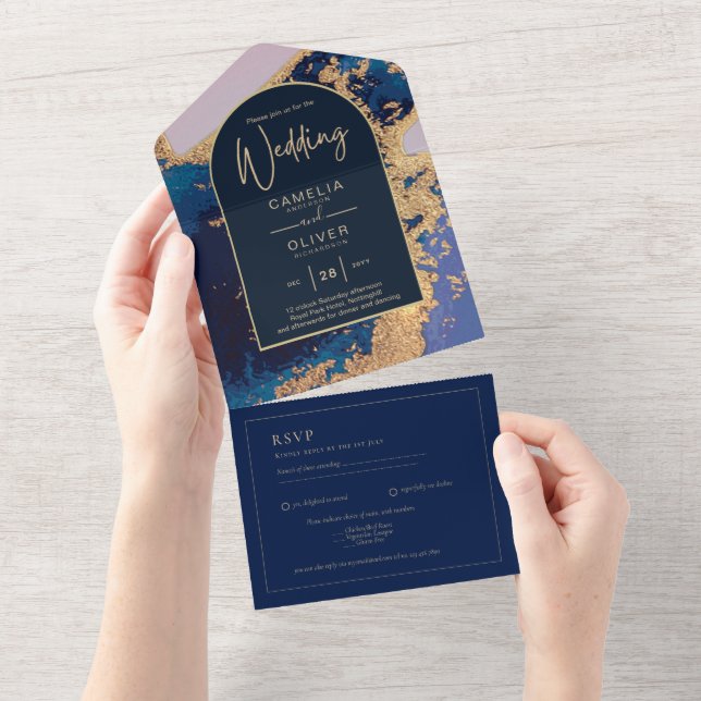 Budget Agate Blue Gold Wedding Invite QR Code RSVP (Tearaway)