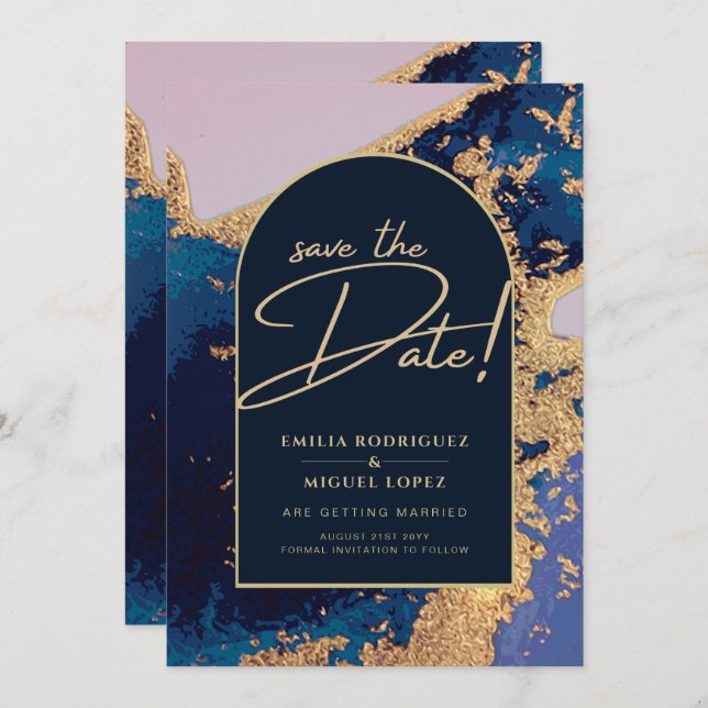 Budget Agate Blue Gold Wedding Save the Dates Invitation (Front/Back)