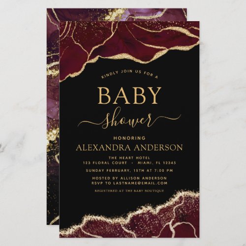 Budget Agate Burgundy Baby Shower Gold Invitation