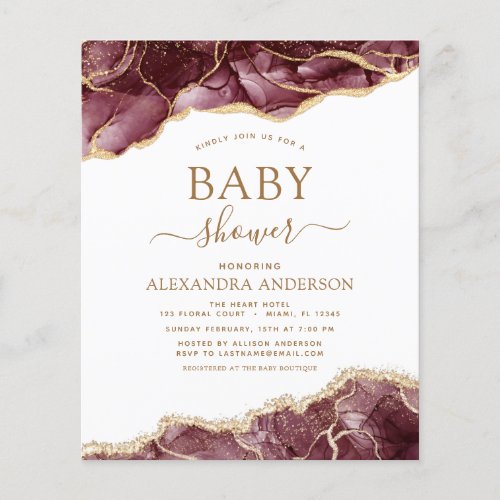 Budget Agate Burgundy Baby Shower Gold Invitation Flyer