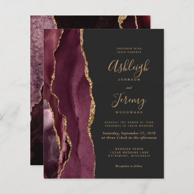 Budget Agate Burgundy Gold Dark Wedding Invitation