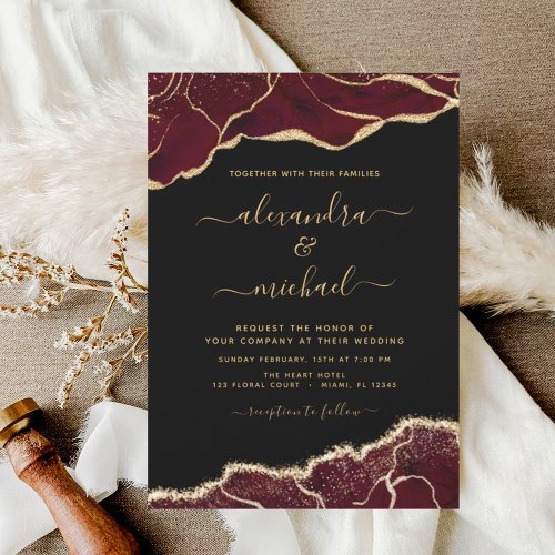 Budget Agate Burgundy Gold Wedding Invitation Flyer