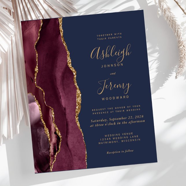 Budget Agate Burgundy Navy Blue Wedding Invitation (Creator Uploaded)