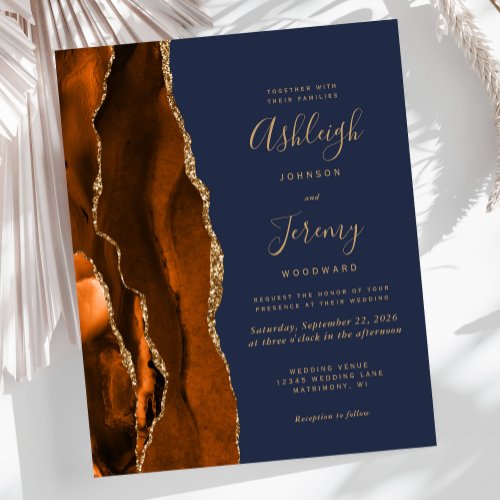 Budget Agate Burnt Orange Blue Wedding Invitation