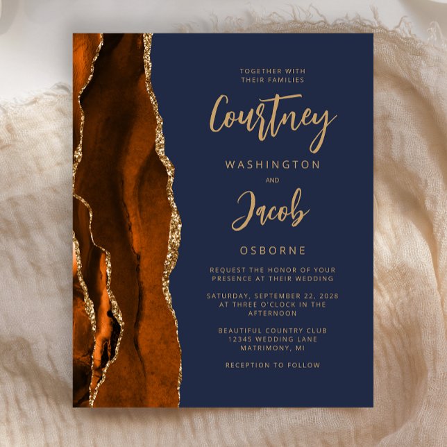 Budget Agate Burnt Orange Navy Blue Wedding Invite (Creator Uploaded)