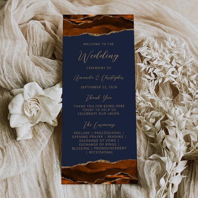 Budget Agate Burnt Orange Navy Wedding Program (Creator Uploaded)