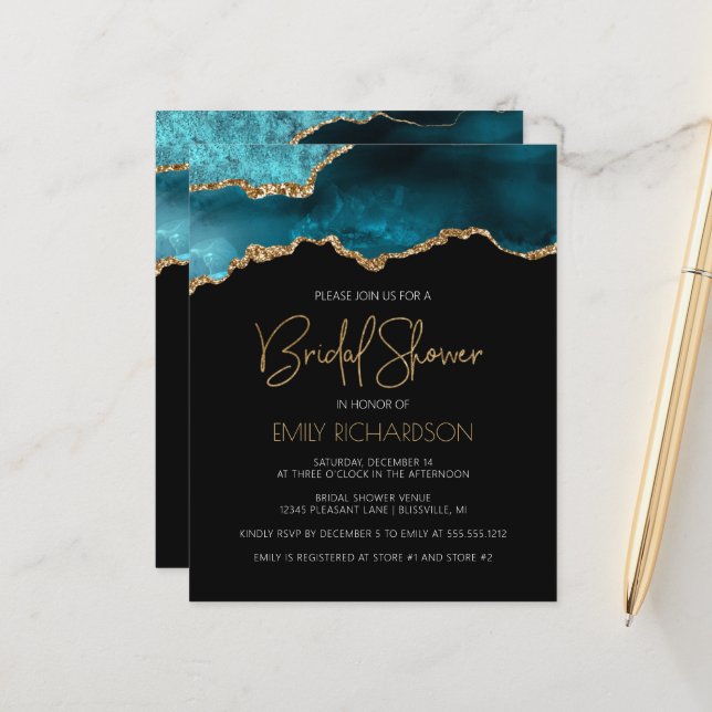 Budget Agate Geode Teal Bridal Shower Invitation (Front/Back In Situ)
