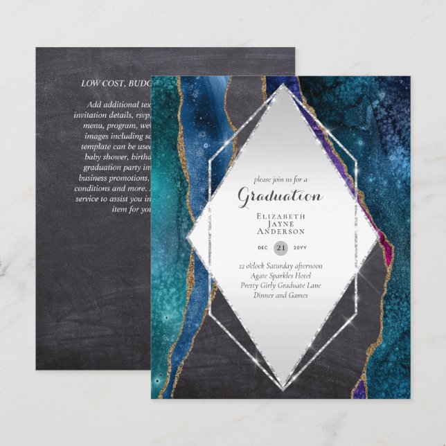 BUDGET Agate GRADUATION Party Invites Glitter Glam (Front/Back)