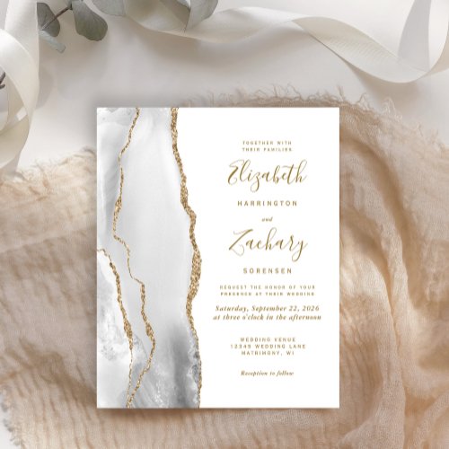 Budget Agate Gray Gold White Wedding Invitation