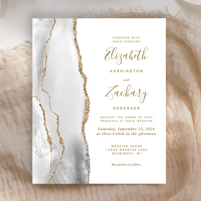 Budget Agate Gray Gold White Wedding Invitation (Creator Uploaded)