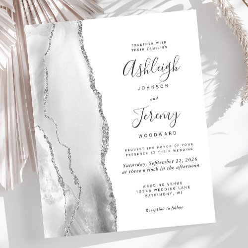 Budget Agate Gray White Silver Wedding Invitation