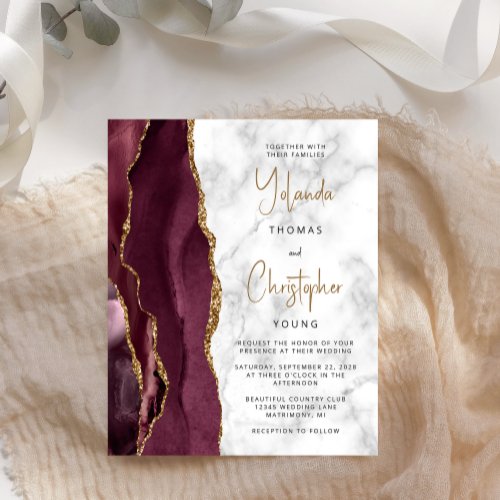 Budget Agate Marble Burgundy Gold Wedding Invite