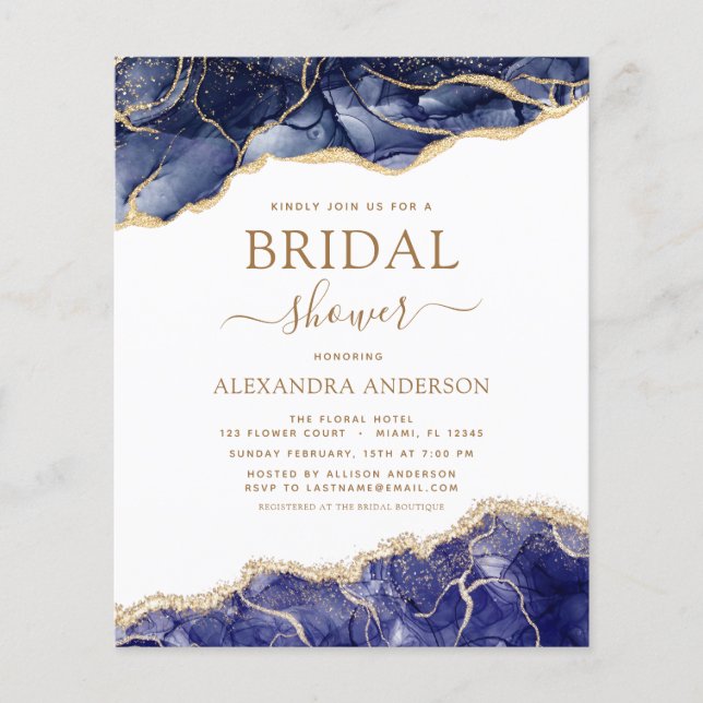 Budget Agate Navy Blue Gold Bridal Shower Flyer (Front)