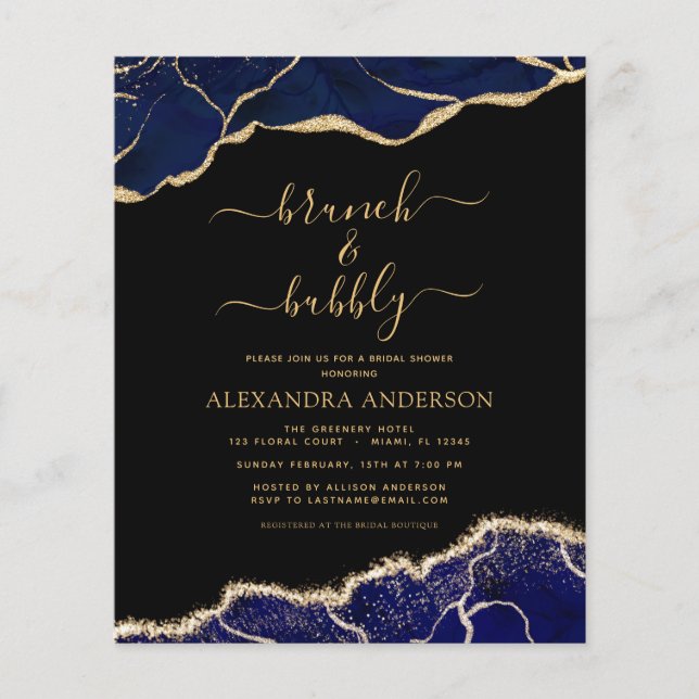Budget Agate Navy Blue Gold Brunch & Bubbly Flyer (Front)
