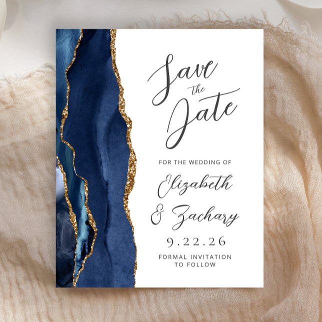 Budget Agate Navy Blue Gold Script Save the Date (Creator Uploaded)