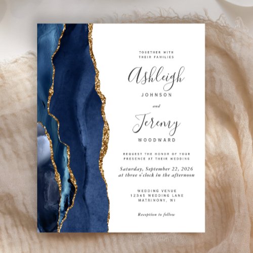 Budget Agate Navy Blue Gold Wedding Invitation