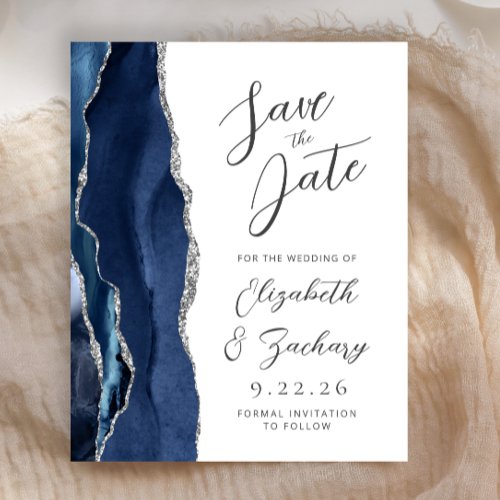 Budget Agate Navy Blue Silver Script Save the Date