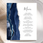 Budget Agate Navy Blue Silver Wedding Menu<br><div class="desc">The left-hand edge of this elegant modern wedding menu features a navy blue watercolor agate border trimmed with faux silver glitter. The customizable text combines handwriting script and copperplate fonts in charcoal gray on a white background. The reverse side features a matching navy blue and silver agate design.</div>