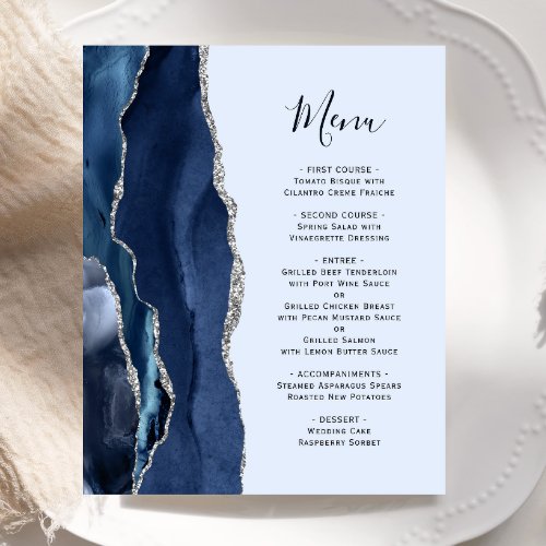 Budget Agate Navy Pale Blue Silver Wedding Menu