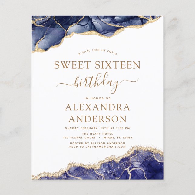 Budget Agate Sweet 16  Navy Blue Gold Flyer (Front)