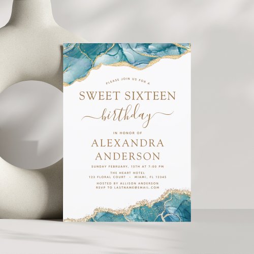 Budget Agate Sweet 16 Teal Gold Invitation