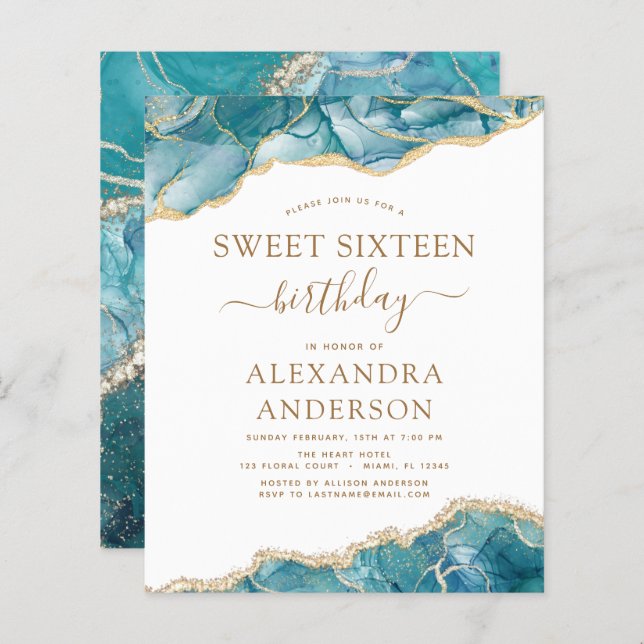 Budget Agate Sweet 16 Teal Gold Invitation (Front/Back)