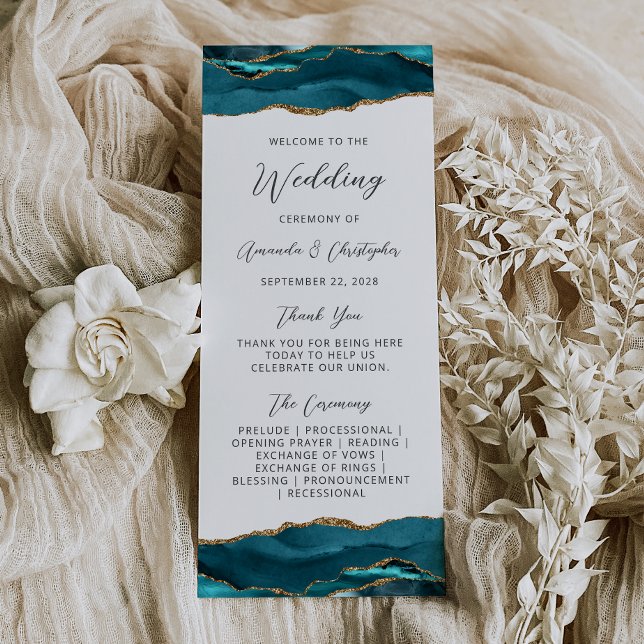 Budget Agate Teal Blue Gold Wedding Program (Creator Uploaded)