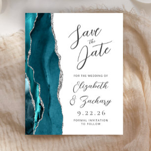 Budget Agate Teal Blue Silver Script Save the Date