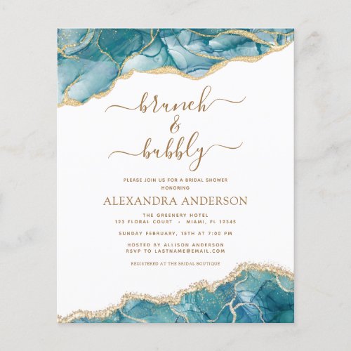 Budget Agate Teal Brunch  Bubbly Bridal Shower Flyer