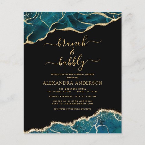 Budget Agate Teal Brunch  Bubbly Bridal Shower Flyer