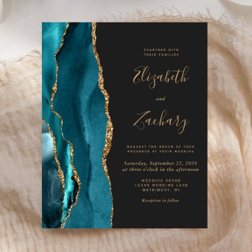 Budget Agate Teal Gold Dark Wedding Invitation