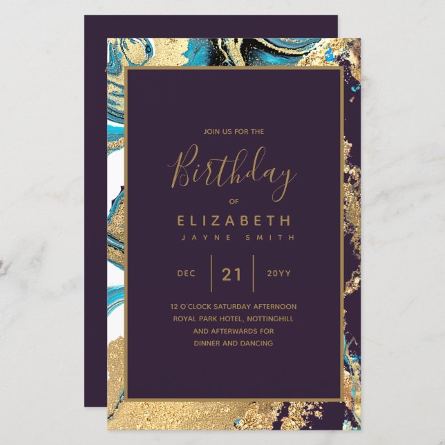 BUDGET Agate Teal Turquoise Gold Birthday Invite (Front/Back)