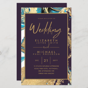 BUDGET Agate Teal Turquoise Gold Wedding Invite