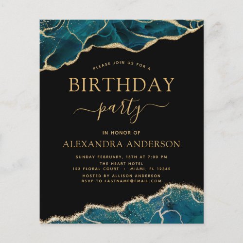 Budget Agate Turquoise Birthday Party Teal Gold Flyer