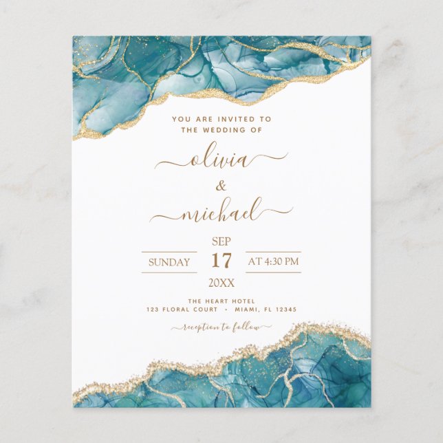 Budget Agate Turquoise Teal Gold Wedding Flyer (Front)