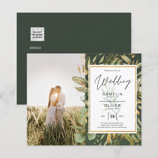 Budget All-in1 PHOTO Greenery Wedding RSVP QR CODE (Front/Back)