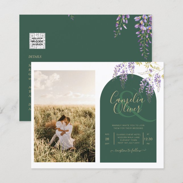 Budget All-in1 PHOTO Wedding Wisteria QR Code INV (Front/Back)