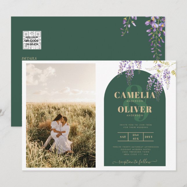 Budget All-in1 PHOTO Wedding Wisteria QR Code INV Invitation (Front/Back)